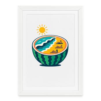 Coucher de soleil sur la plage, yoga, amoureux de pastèque - Affiche encadrée (27 × 37 cm) - blanc - Devant