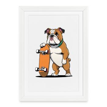 Bull dog with skateboard - Framed poster (27 × 37 cm) - white - Front
