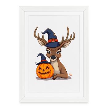 Halloween deer with pumpkin head and witch hat - Framed poster (27 × 37 cm) - white - Front