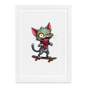 Chat effrayant en skateboard - Affiche encadrée (27 × 37 cm) - blanc - Devant
