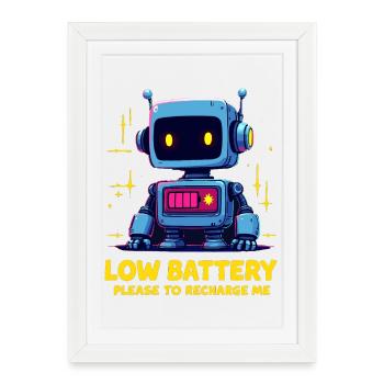 Robot futuriste avec message de batterie faible - Affiche encadrée (27 × 37 cm) - blanc - Devant