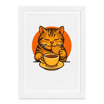 Cat Enjoying Tea with Biscuit, Love Cats  - Framed poster (27 × 37 cm) - white - Front