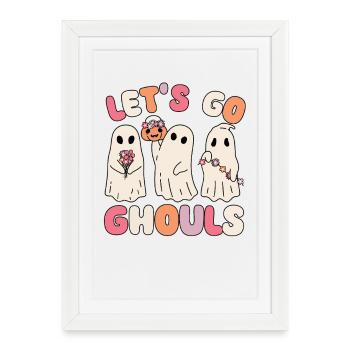 Allons goules groovy fantôme avec des fleurs vintage - Affiche encadrée (27 × 37 cm) - blanc - Devant