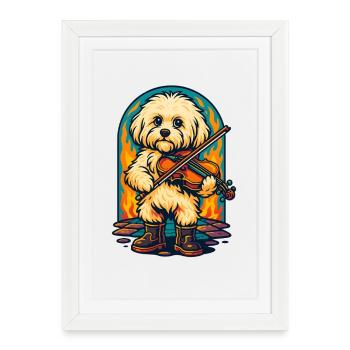 Fiery Pup Playing Violin, Dog Lover - Framed poster (27 × 37 cm) - white - Front