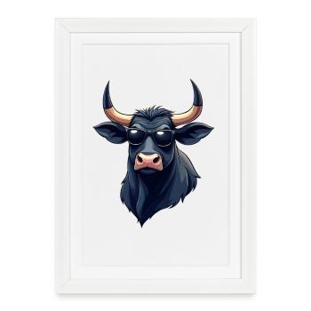 Taureau avec des lunettes de soleil et des cornes - Affiche encadrée (27 × 37 cm) - blanc - Devant