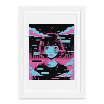 Vaporwave Glitch Anime Girl Aesthetic Motif - Framed poster (27 × 37 cm) - white - Front
