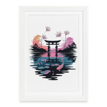 Torii japonais au bord du lac avec Koi et Lotus - Affiche encadrée (27 × 37 cm) - blanc - Devant