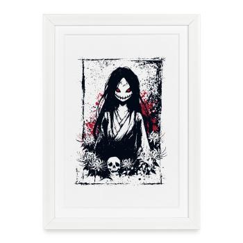 Fille Manga Effrayante avec Kimono et Crâne - Affiche encadrée (27 × 37 cm) - blanc - Devant