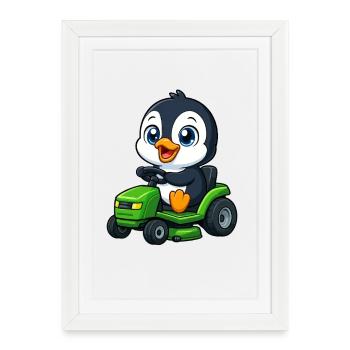 Dessin animé mignon de jardinage de tondeuse à gazon de pingouin - Affiche encadrée (27 × 37 cm) - blanc - Devant