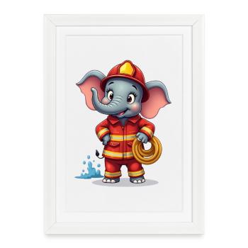 Firefighter elephant children's design - Framed poster (27 × 37 cm) - white - Front