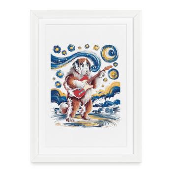 Dog with guitar under starry sky - Framed poster (27 × 37 cm) - white - Front
