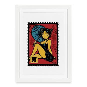 Illustration d'une geisha avec un parasol - Affiche encadrée (27 × 37 cm) - blanc - Devant