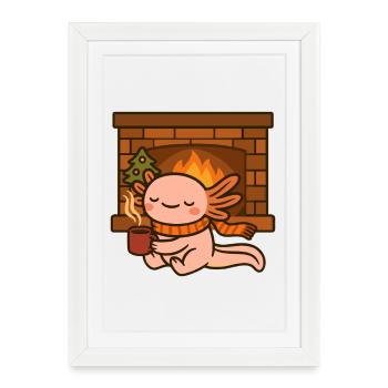 Axolotl Noël douillet au coin du feu - Affiche encadrée (27 × 37 cm) - blanc - Devant