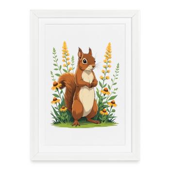 Charmant écureuil avec couronne de fleurs - Affiche encadrée (27 × 37 cm) - blanc - Devant