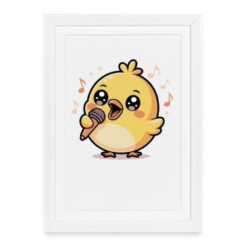Happy singing chick with microphone and notes - Framed poster (27 × 37 cm) - white - Front