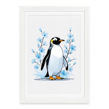 Pingouin mignon avec des fleurs bleues - Affiche encadrée (27 × 37 cm) - blanc - Devant