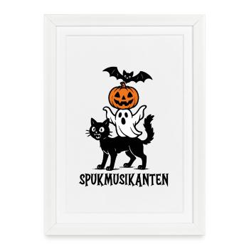 Musiciens hantés – Chat, fantôme, citrouille et chauve-souris - Affiche encadrée (27 × 37 cm) - blanc - Devant