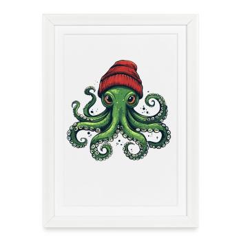 Octopus with red hat - Framed poster (27 × 37 cm) - white - Front
