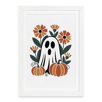 citrouille fantôme fleurs rétro Halloween automne - Affiche encadrée (27 × 37 cm) - blanc - Devant