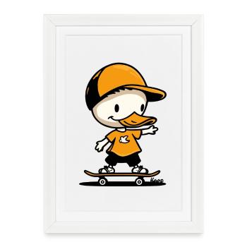 Canard de dessin animé ludique avec design de planche à roulettes - Affiche encadrée (27 × 37 cm) - blanc - Devant