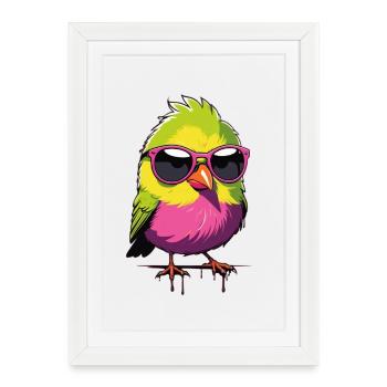 Colorful bird with sunglasses - Framed poster (27 × 37 cm) - white - Front