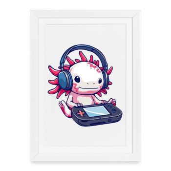 Axolotl avec casque et manette de jeu - Affiche encadrée (27 × 37 cm) - blanc - Devant