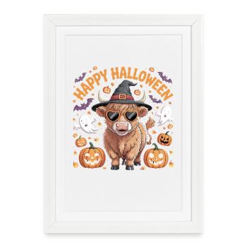 Joyeux Halloween Motif de vache mignonne avec des citrouilles et - Affiche encadrée (27 × 37 cm) - blanc - Devant