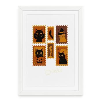 Collection de timbres de chat noir d’Halloween, Chats - Affiche encadrée (27 × 37 cm) - blanc - Devant