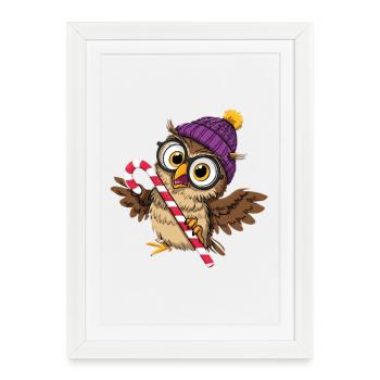Hiboux mignons avec chapeau d’hiver et canne à sucre - Affiche encadrée (27 × 37 cm) - blanc - Devant