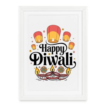 Lanternes de Diwali et motifs de Diyas - Affiche encadrée (27 × 37 cm) - blanc - Devant