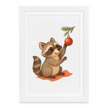 Raton laveur de Noël avec boule de Noël - Affiche encadrée (27 × 37 cm) - blanc - Devant