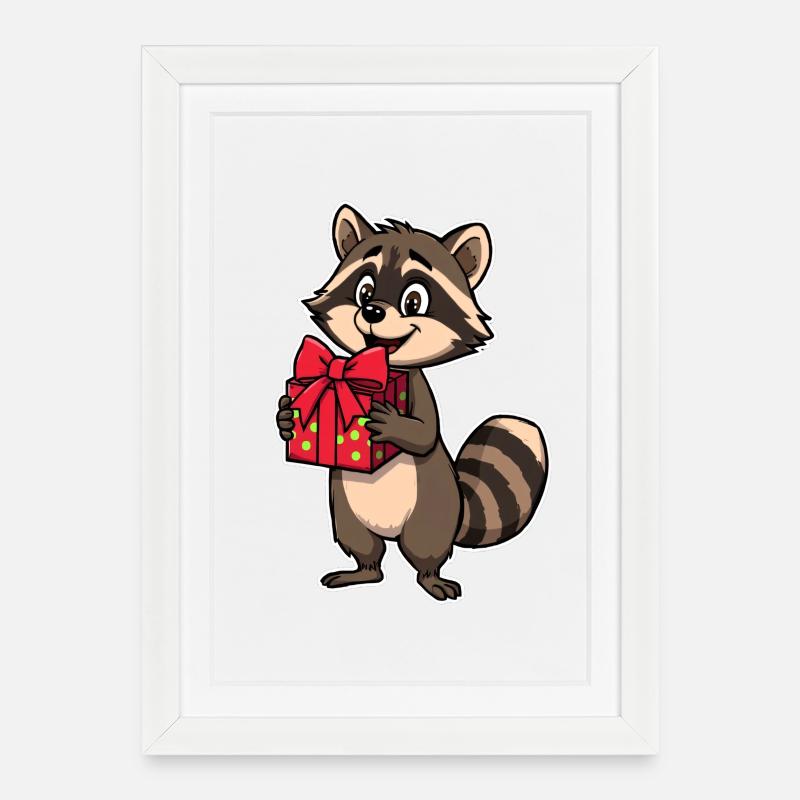 Waschbär mit Geschenkpaket - Gerahmtes Poster (27 × 37 cm) - Weiß