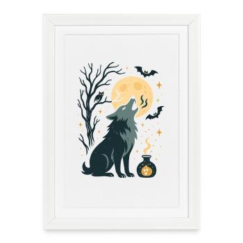 Le loup de la lune hurle dans la forêt nocturne - Affiche encadrée (27 × 37 cm) - blanc - Devant