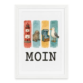 Phare de Moin, chaise de plage avec phoques, côte des mouettes - Affiche encadrée (27 × 37 cm) - blanc - Devant