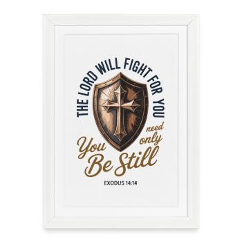 Bouclier et croix chrétienne Verset biblique Exode 14:14 - Affiche encadrée (27 × 37 cm) - blanc - Devant
