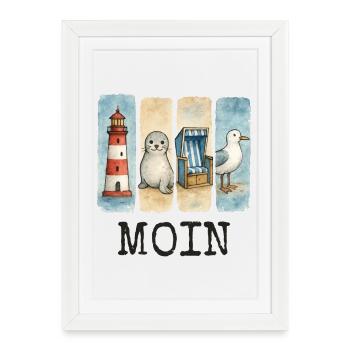 Phare de Moin, chaise de plage avec phoques, côte des mouettes - Affiche encadrée (27 × 37 cm) - blanc - Devant