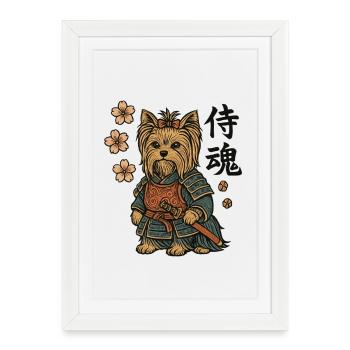 Chien Yorkshire terrier Samouraï Floral - Affiche encadrée (27 × 37 cm) - blanc - Devant