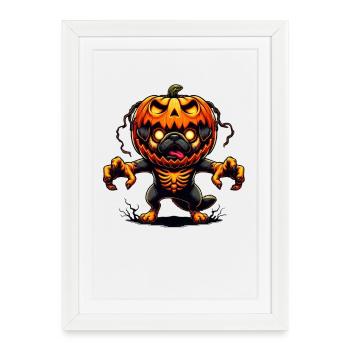 Carlin effrayant Halloween Zombie Dessin animé Citrouille - Affiche encadrée (27 × 37 cm) - blanc - Devant