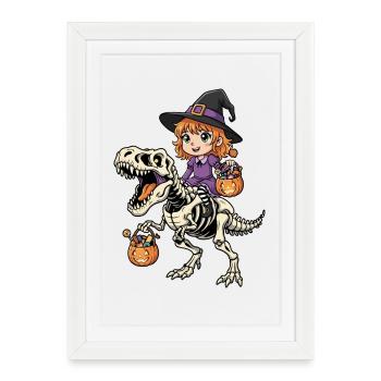 Witch Rides Skeleton T-Rex Halloween Dinosaur - Framed poster (27 × 37 cm) - white - Front