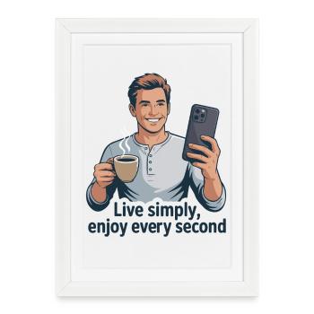 Vivre simplement café selfie illustration - Affiche encadrée (27 × 37 cm) - blanc - Devant