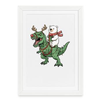 Ours polaire chevauche T-Rex Drôle Dinosaure de Noël - Affiche encadrée (27 × 37 cm) - blanc - Devant