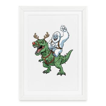 Yeti chevauche T-Rex dinosaure de Noël drôle - Affiche encadrée (27 × 37 cm) - blanc - Devant