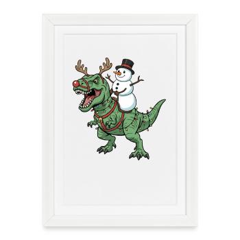 bonhomme de neige chevauche T-Rex Drôle Noël Dino Sow - Affiche encadrée (27 × 37 cm) - blanc - Devant