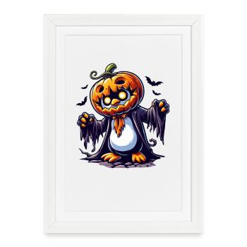 Cute Halloween Penguin Pumpkin Whimsical Bat - Framed poster (27 × 37 cm) - white - Front