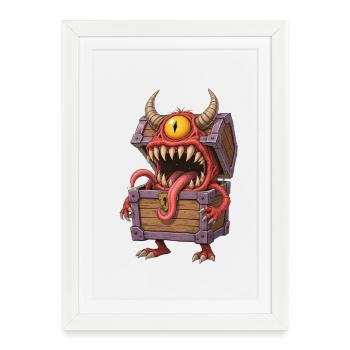 Coffre de monstre mimétique de dessin animé avec yeux et cornes - Affiche encadrée (27 × 37 cm) - blanc - Devant