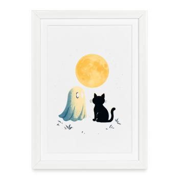 Nuit au clair de lune fantômes chat - Affiche encadrée (27 × 37 cm) - blanc - Devant