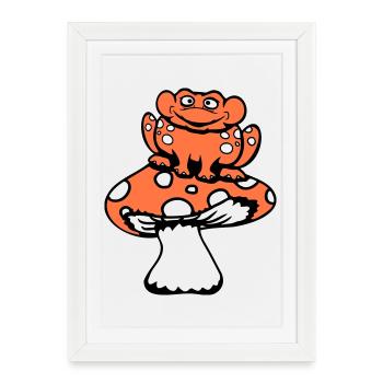 grenouille s’assoit champignon mignon forêt forêt grenouille sourit cool - Affiche encadrée (27 × 37 cm) - blanc - Devant