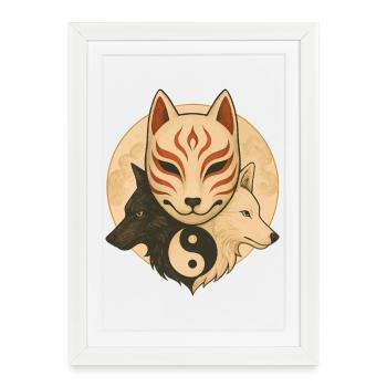 Masque de renard et loups Yin Yang - Affiche encadrée (27 × 37 cm) - blanc - Devant
