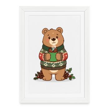 Ours d’hiver au cacao fumant - Affiche encadrée (27 × 37 cm) - blanc - Devant