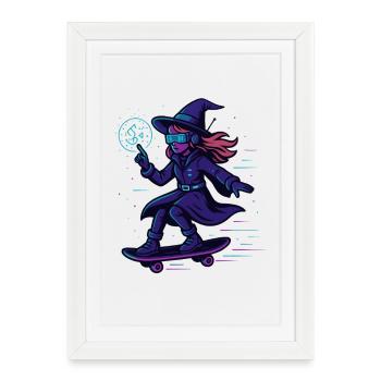 Neon witch on the skateboard - Framed poster (27 × 37 cm) - white - Front